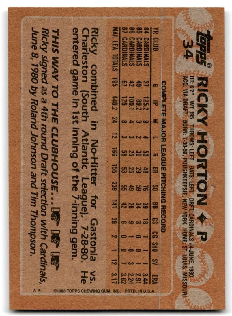 1988 Topps Baseball Card Ricky Horton St. Louis Cardinals #34