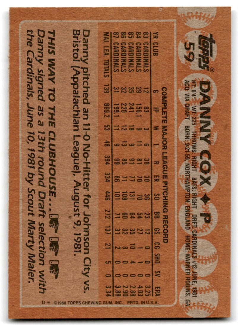 1988 Topps Baseball Card Danny Cox St. Louis Cardinals #59