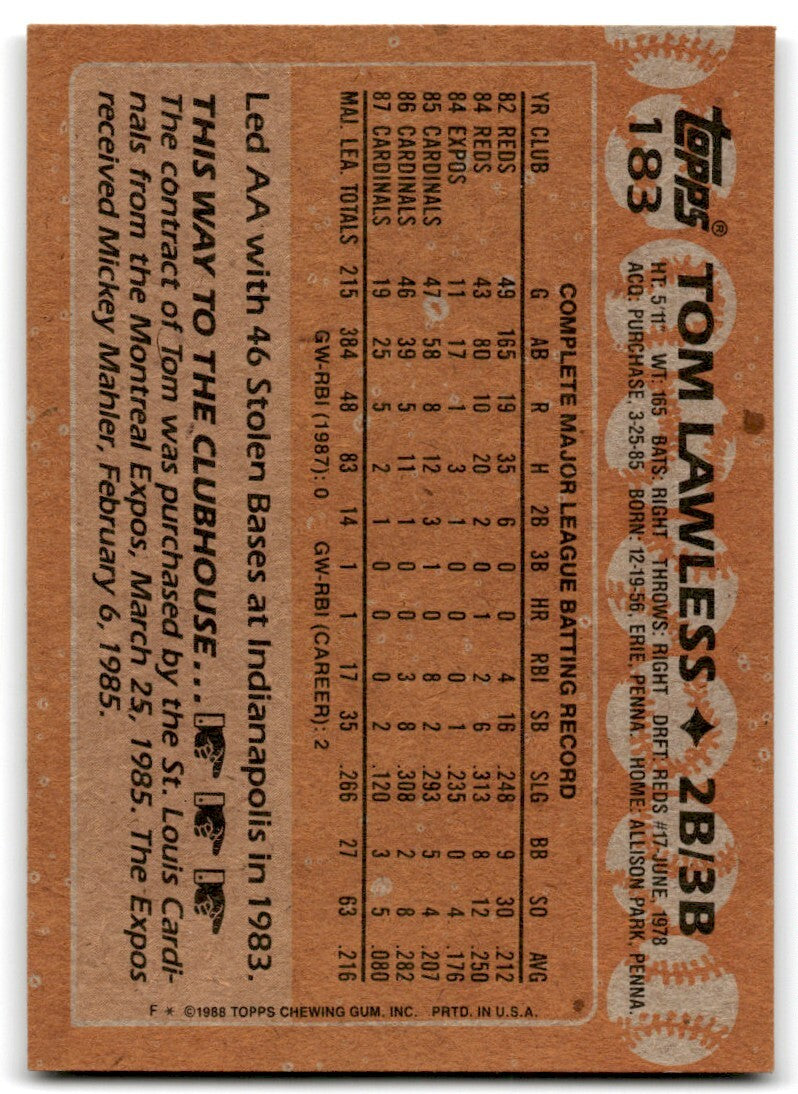 1988 Topps Baseball Card Tom Lawless St. Louis Cardinals #183