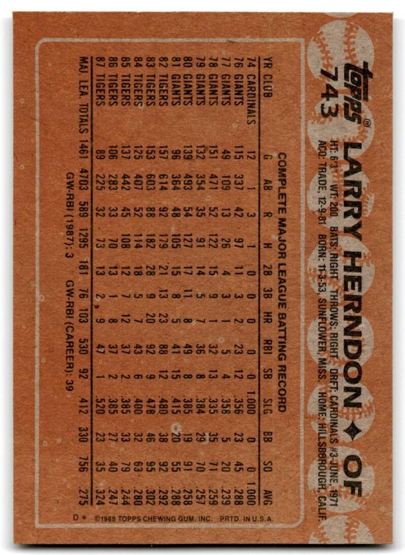 1988 Topps Baseball Card Larry Herndon Detroit Tigers #743