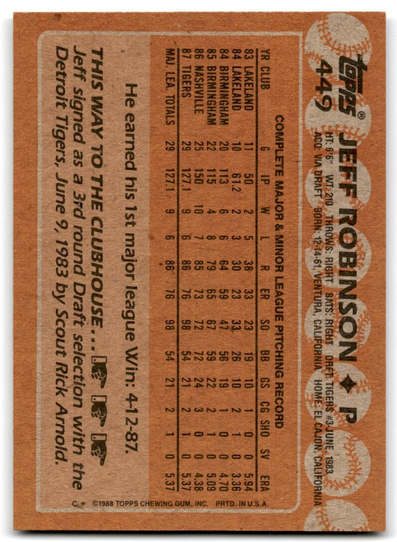 1988 Topps Baseball Card Jeff Robinson Rookie Detroit Tigers #449