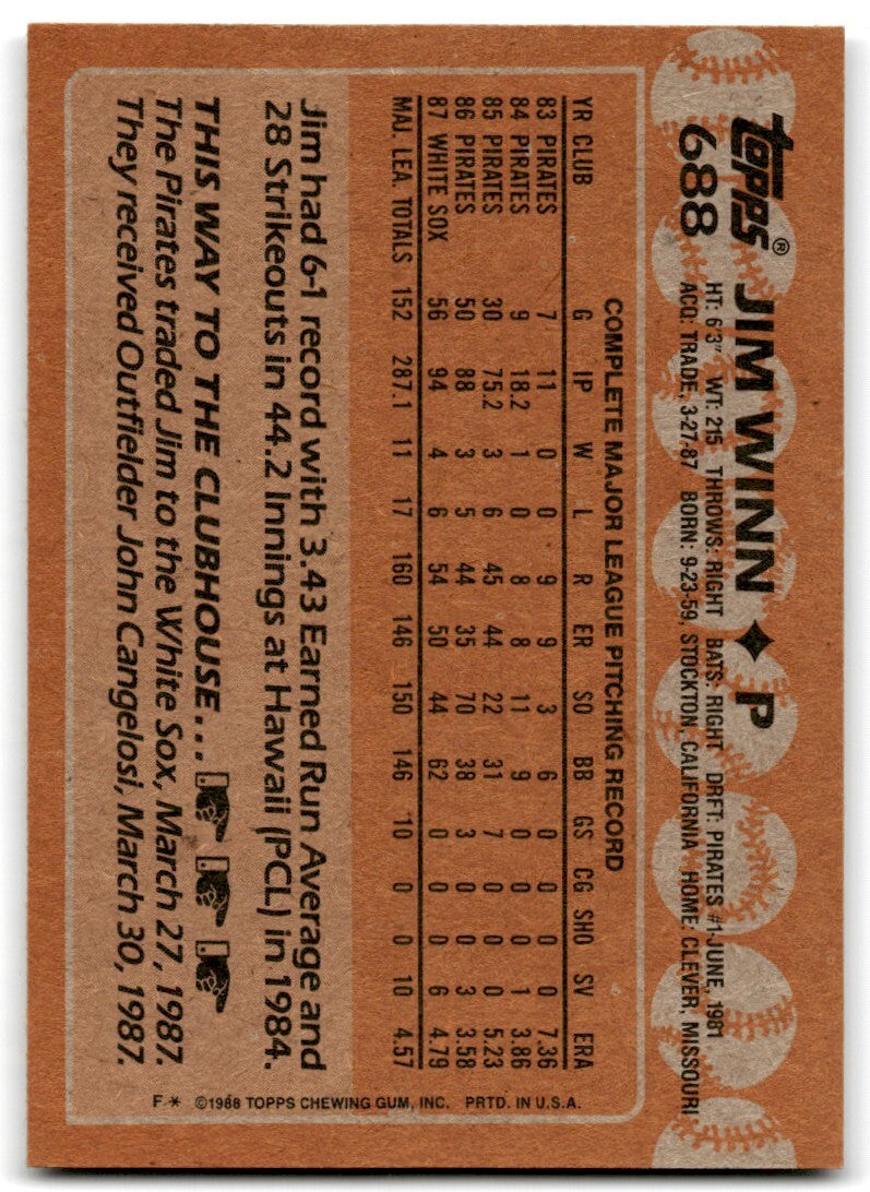 1988 Topps Baseball Card Jim Winn Chicago White Sox #688