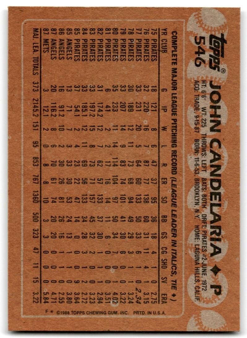 1988 Topps Baseball Card John Candelaria New York Mets #546