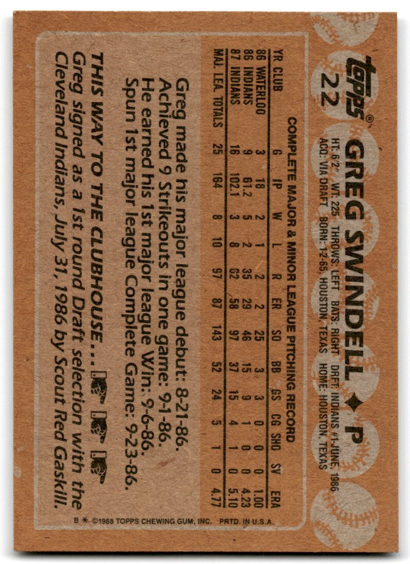 1988 Topps Baseball Card Greg Swindell Cleveland Indians #22