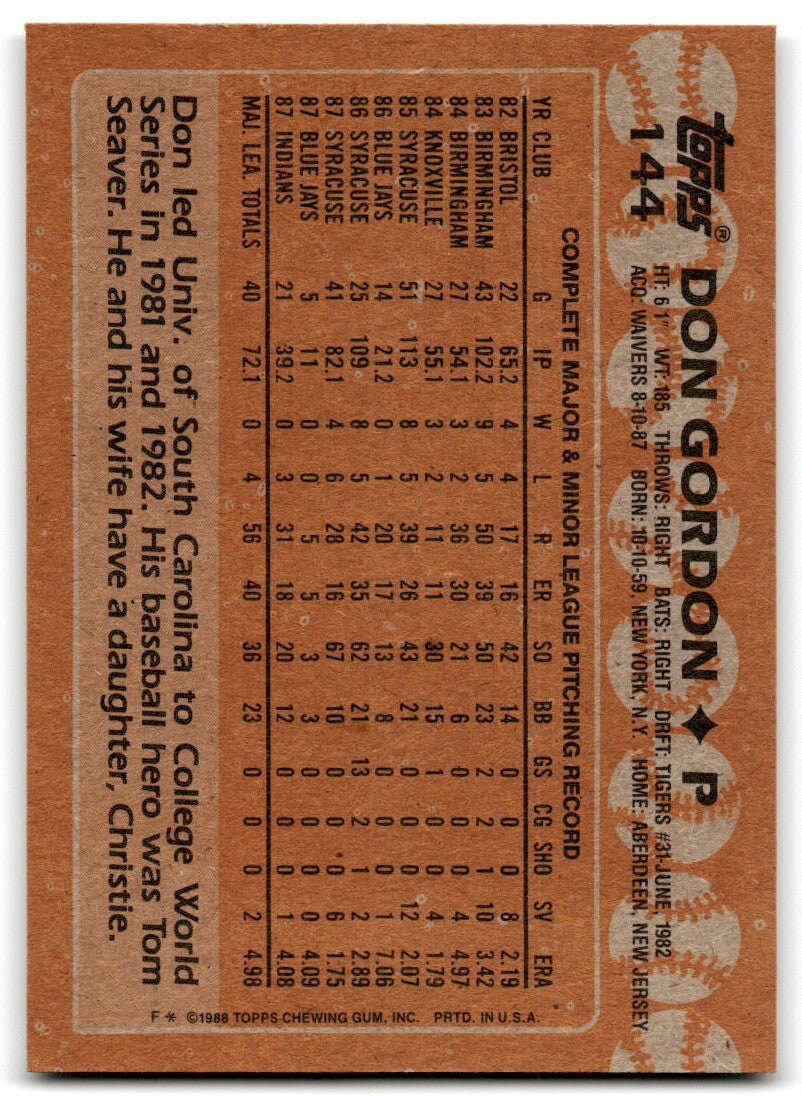 1988 Topps Baseball Card Don Gordon Rookie Cleveland Indians #144