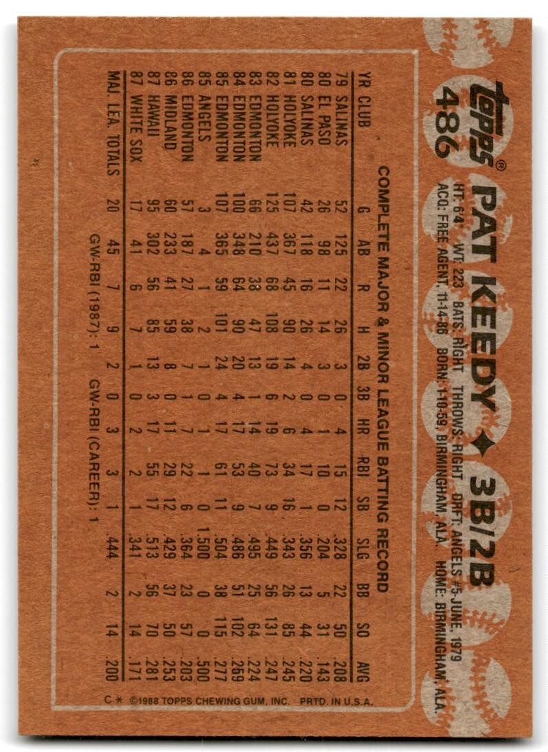 1988 Topps Baseball Card Pat Keedy Rookie Chicago White Sox #486