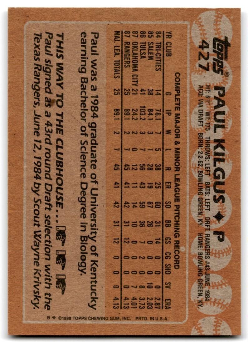 1988 Topps Baseball Card Paul Kilgus Texas Rangers #427