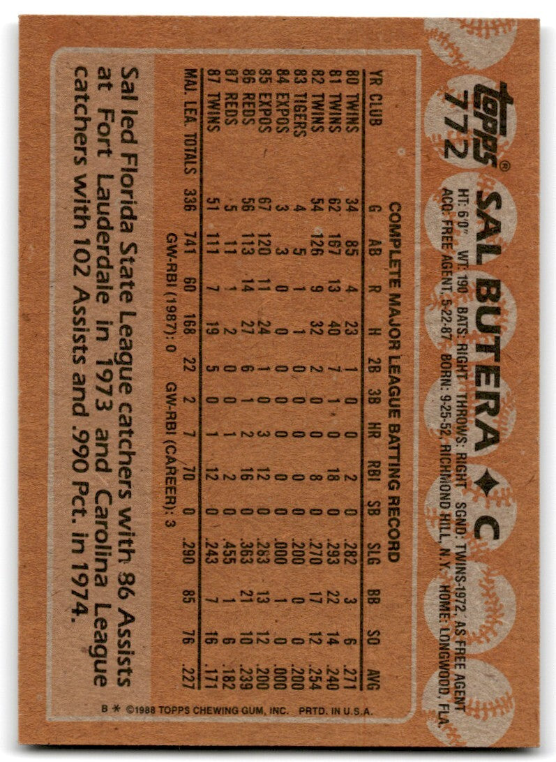 1988 Topps Baseball Card Sal Butera Minnesota Twins #772