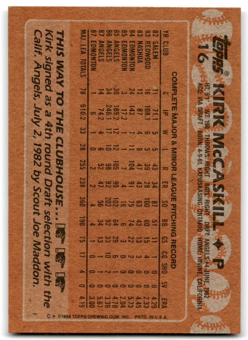 1988 Topps Baseball Card Kirk McCaskill California Angels #16