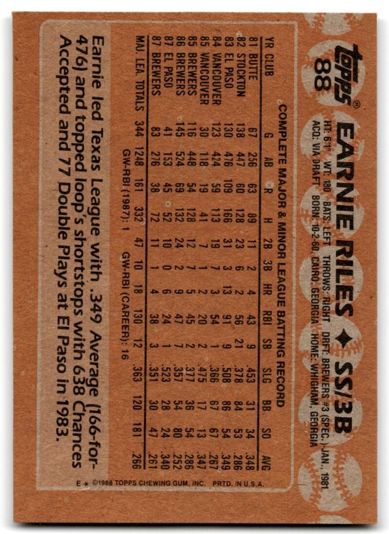 1988 Topps Baseball Card Earnie Riles Milwaukee Brewers #88