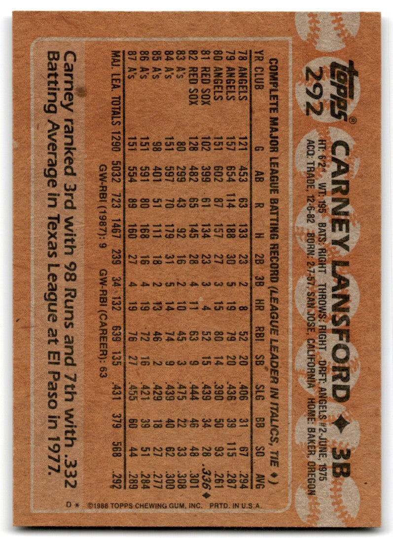 1988 Topps Baseball Card Carney Lansford Oakland Athletics #292