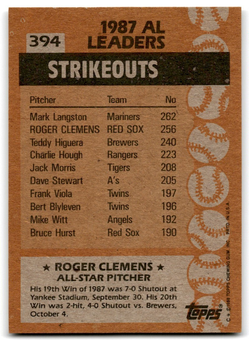 1988 Topps Baseball Card Roger Clemens Boston Red Sox #394