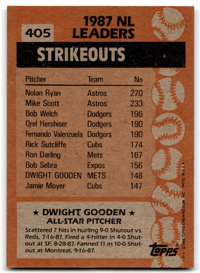 1988 Topps Baseball Card Dwight Gooden New York Mets #405