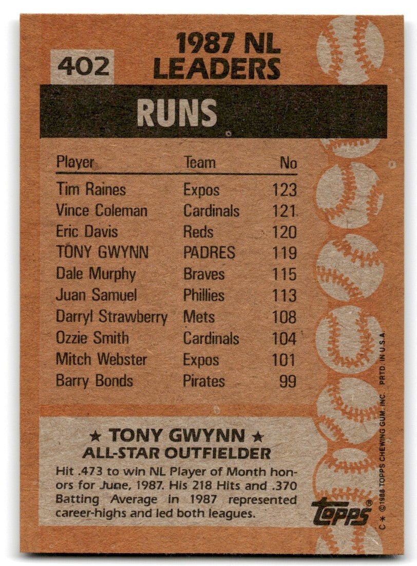 1988 Topps Baseball Card Tony Gwynn San Diego Padres #402