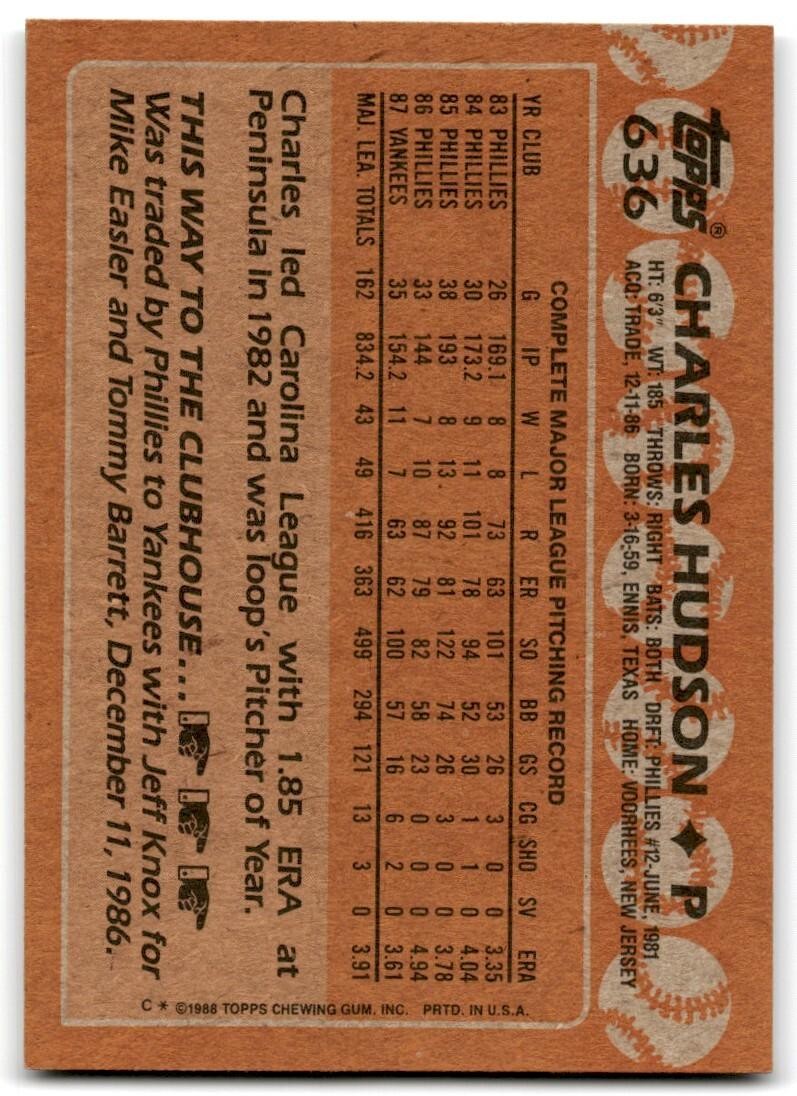 1988 Topps Baseball Card Charles Hudson New York Yankees #636