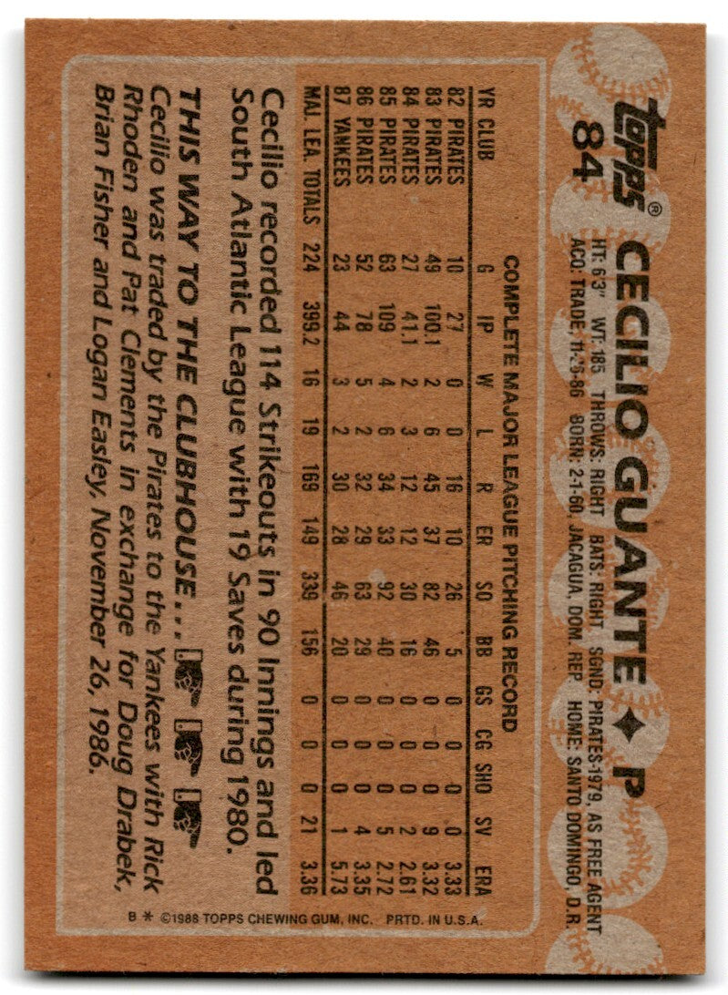 1988 Topps Baseball Card Cecilio Guante New York Yankees #84