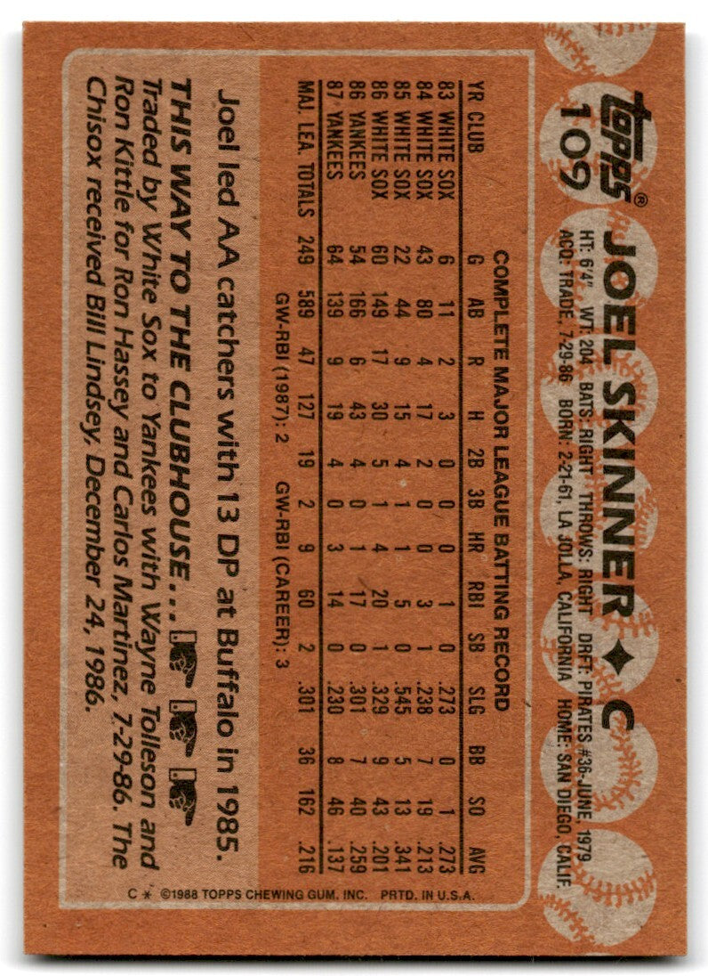 1988 Topps Baseball Card Joel Skinner New York Yankees #109
