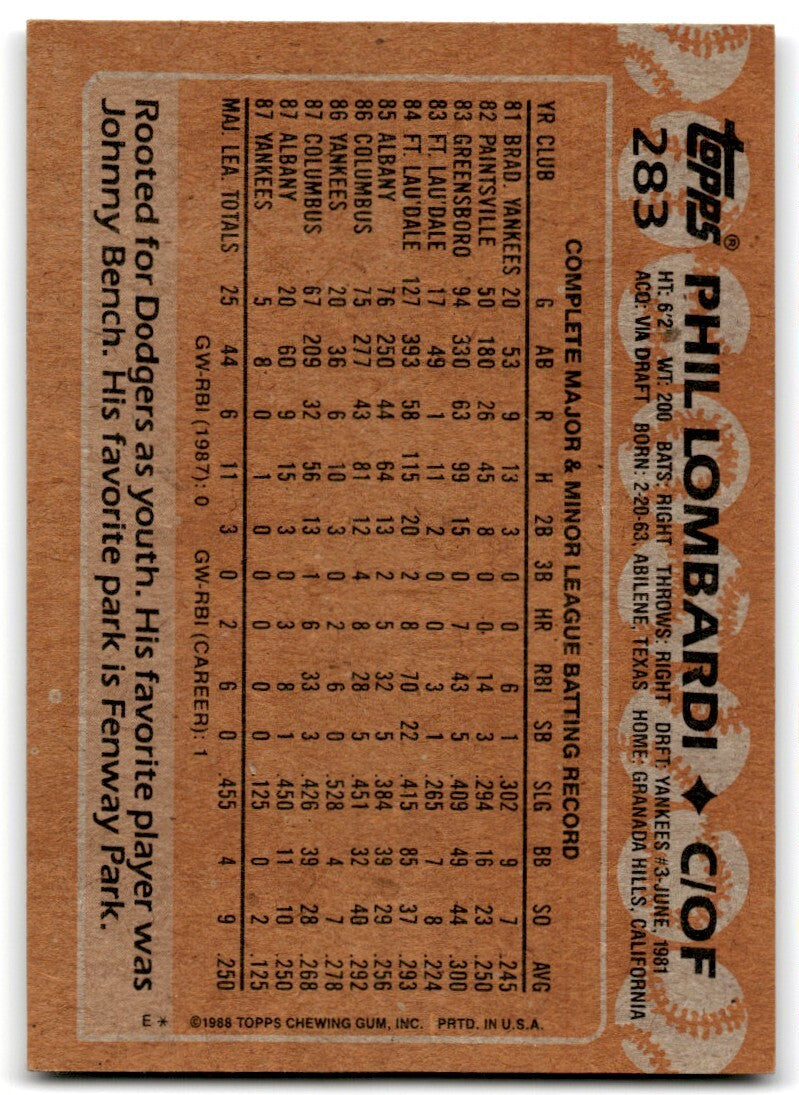 1988 Topps Baseball Card Phil Lombardi New York Yankees #283