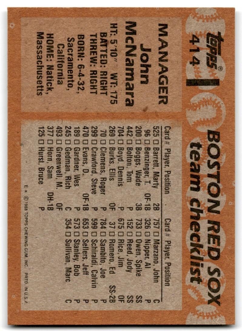 1988 Topps Baseball Card John McNamara Boston Red Sox #414