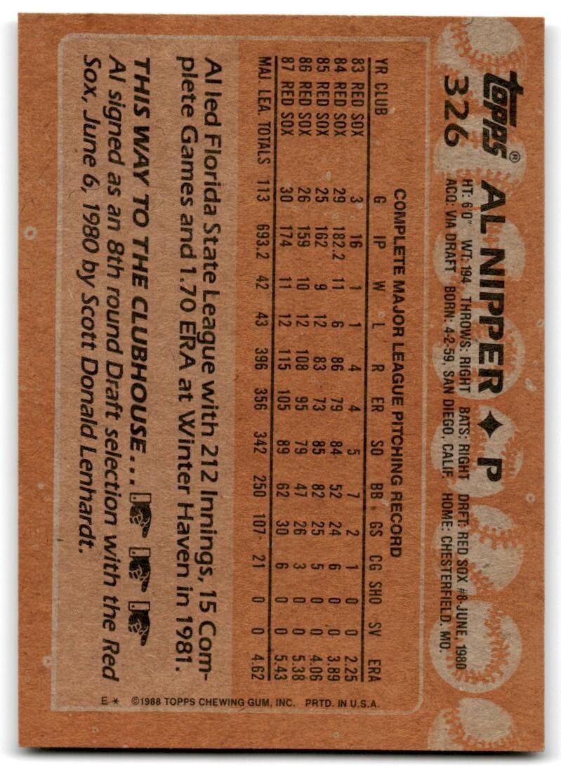 1988 Topps Baseball Card Al Nipper Boston Red Sox #326
