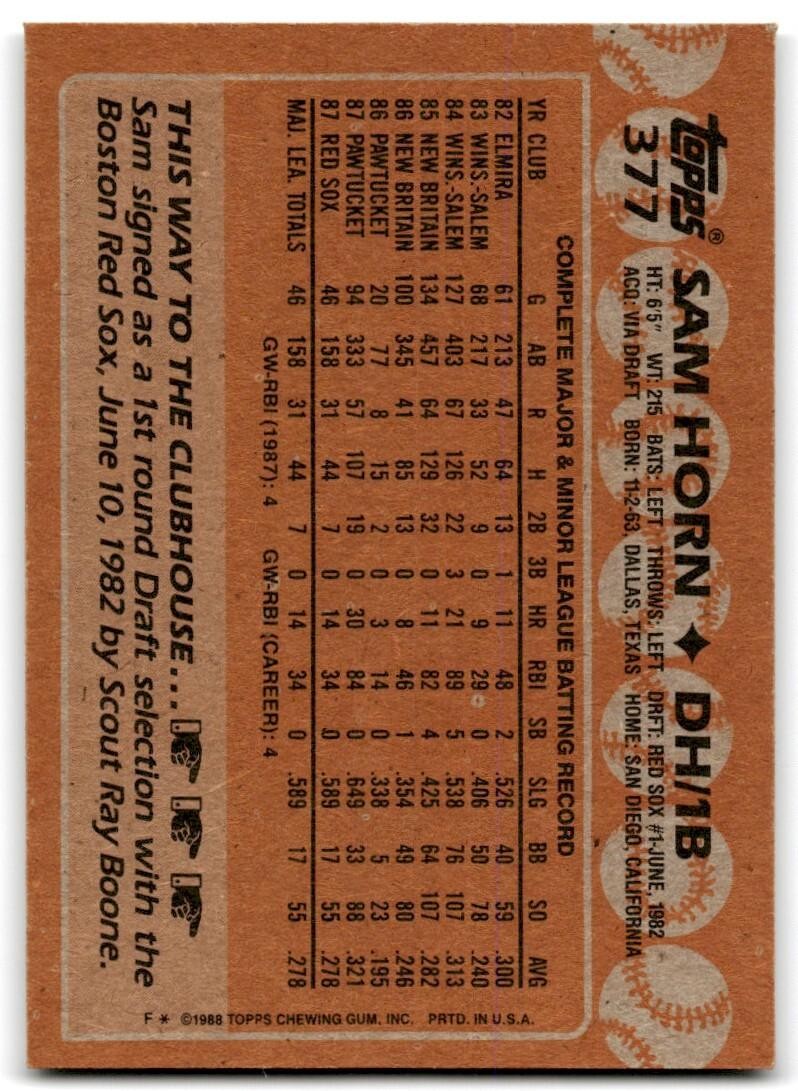 1988 Topps Baseball Card Sam Horn Rookie Boston Red Sox #377