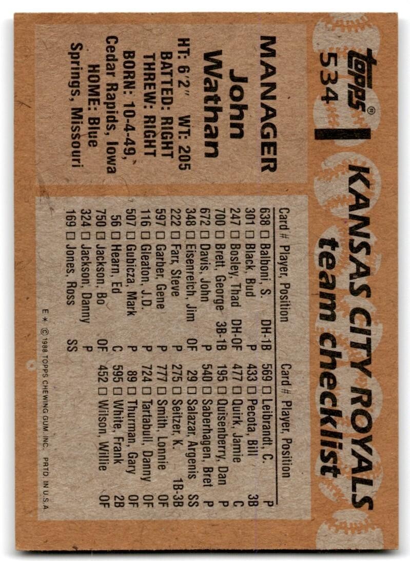 1988 Topps Baseball Card John Wathan Kansas City Royals #534