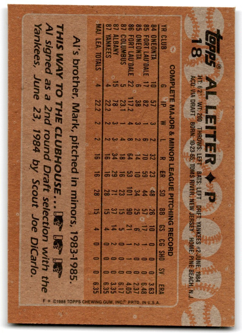 1988 Topps Baseball Card Al Leiter New York Yankees #18