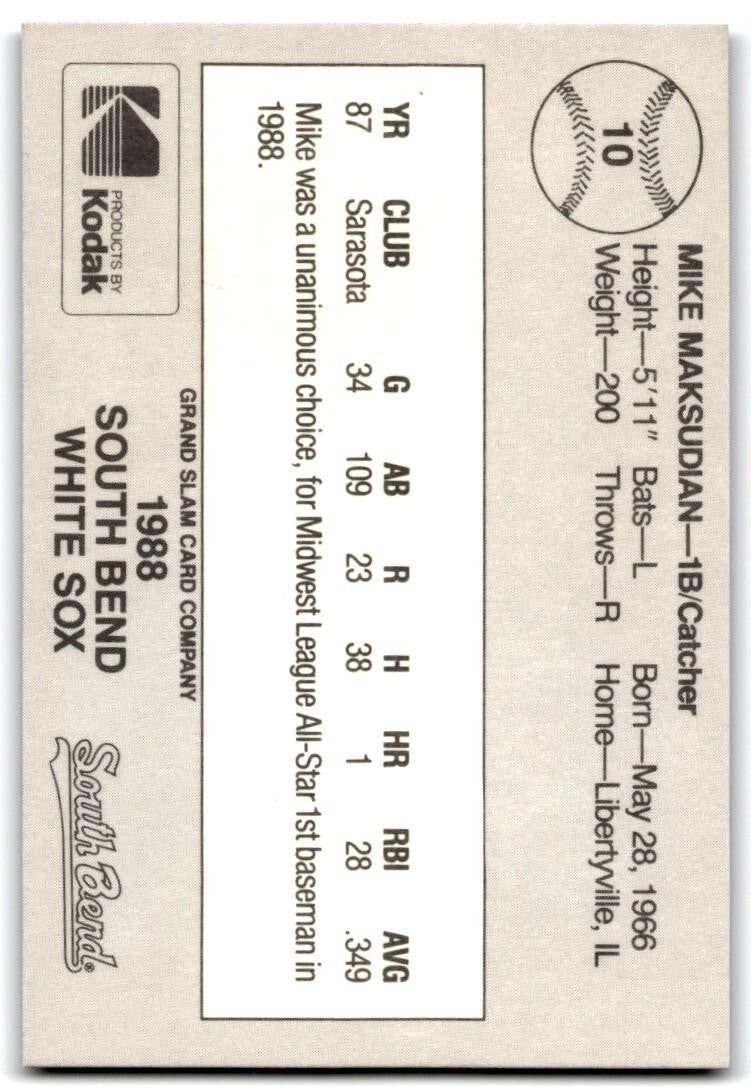 1988 Grand Slam Baseball Card Mike Maksudian c South Bend White Sox #10