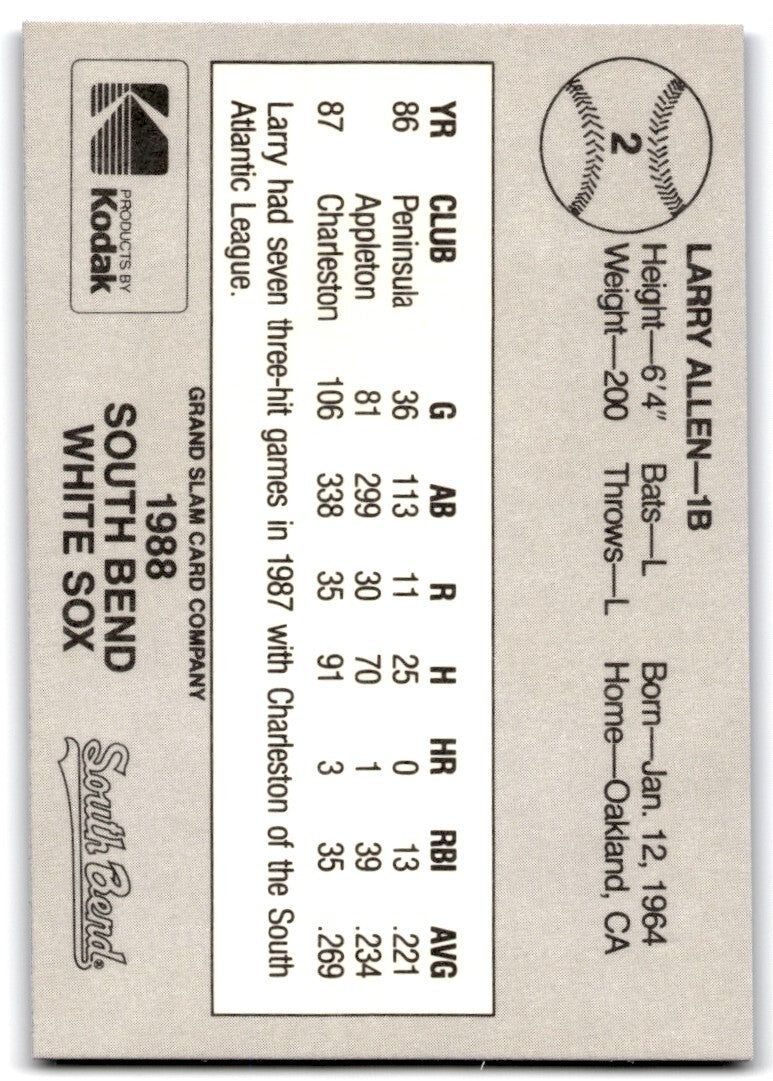 1988 Grand Slam Baseball Card Larry Allen c South Bend White Sox #2
