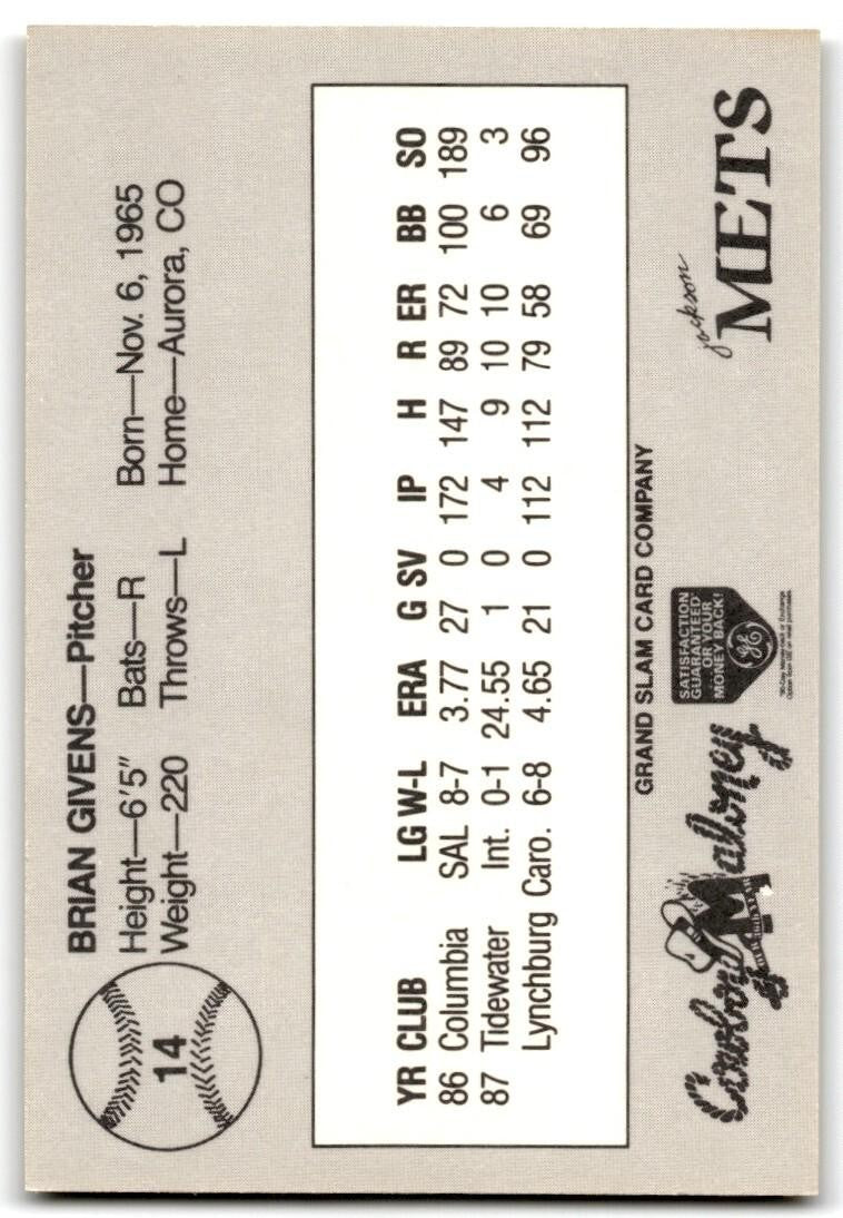 1988 Grand Slam Baseball Card Brian Givens a Jackson Mets #14