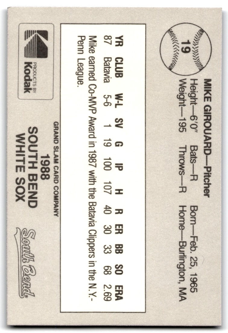 1988 Grand Slam Baseball Card Mike Girouard a South Bend White Sox #19