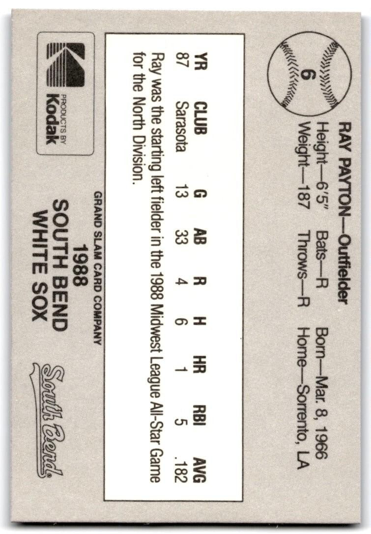 1988 Grand Slam Baseball Card Ray Payton a South Bend White Sox #6