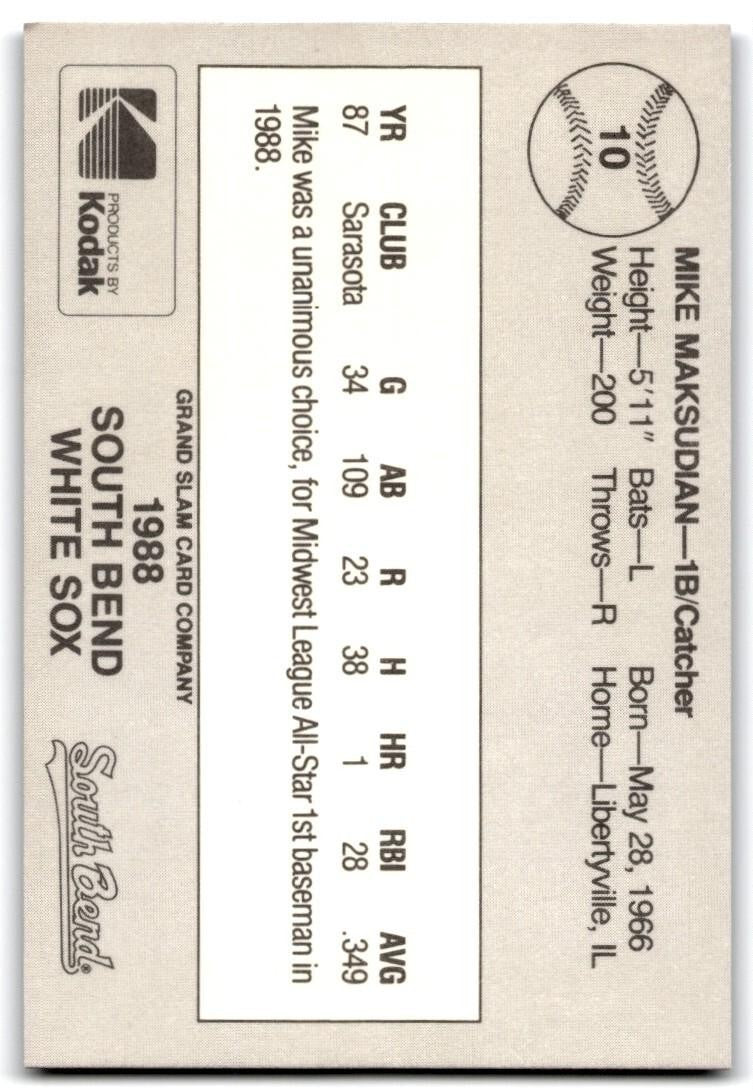 1988 Grand Slam Baseball Card Mike Maksudian b South Bend White Sox #10