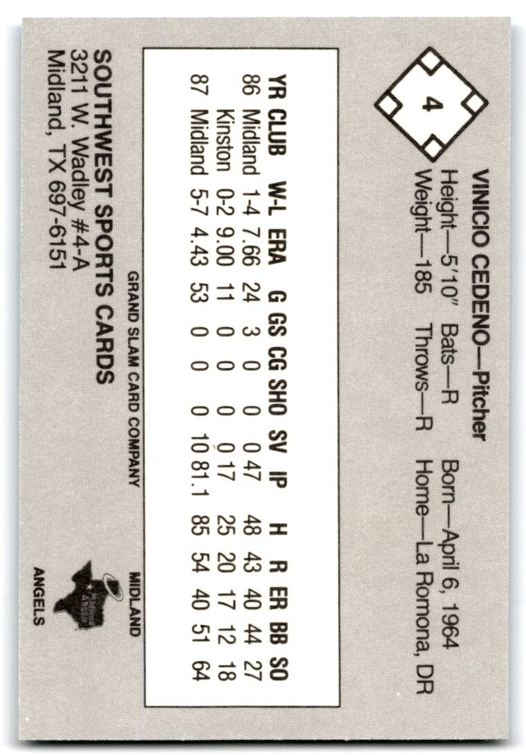 1988 Grand Slam Baseball Card Vinicio Cedeno Midland Angels #4
