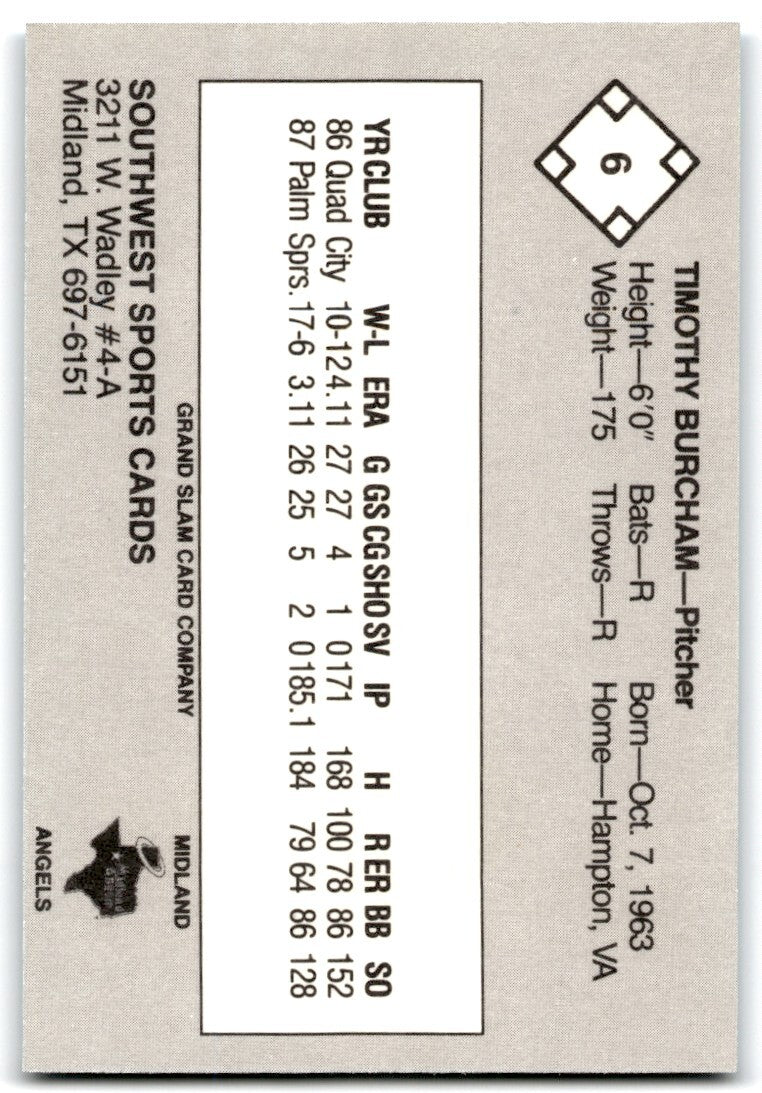 1988 Grand Slam Baseball Card Tim Burcham b Midland Angels #6