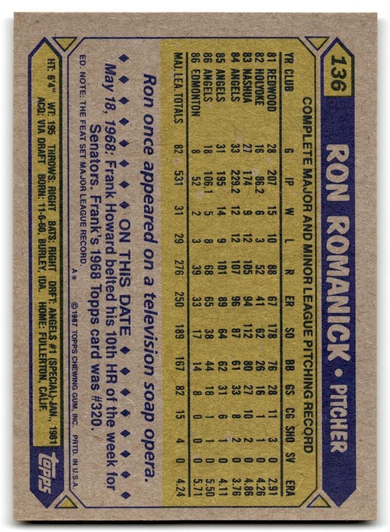 1987 Topps Baseball Card Ron Romanick California Angels #136