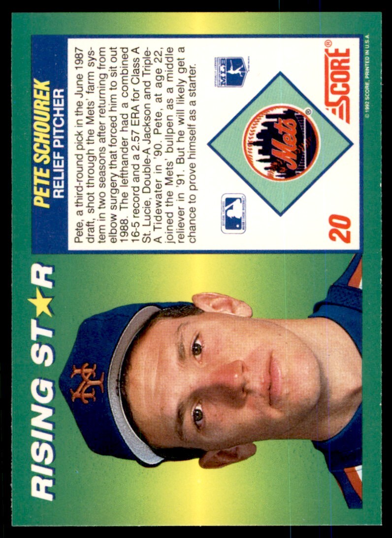 1992 Score 100 Rising Stars Pete Schourek . New York Mets #20