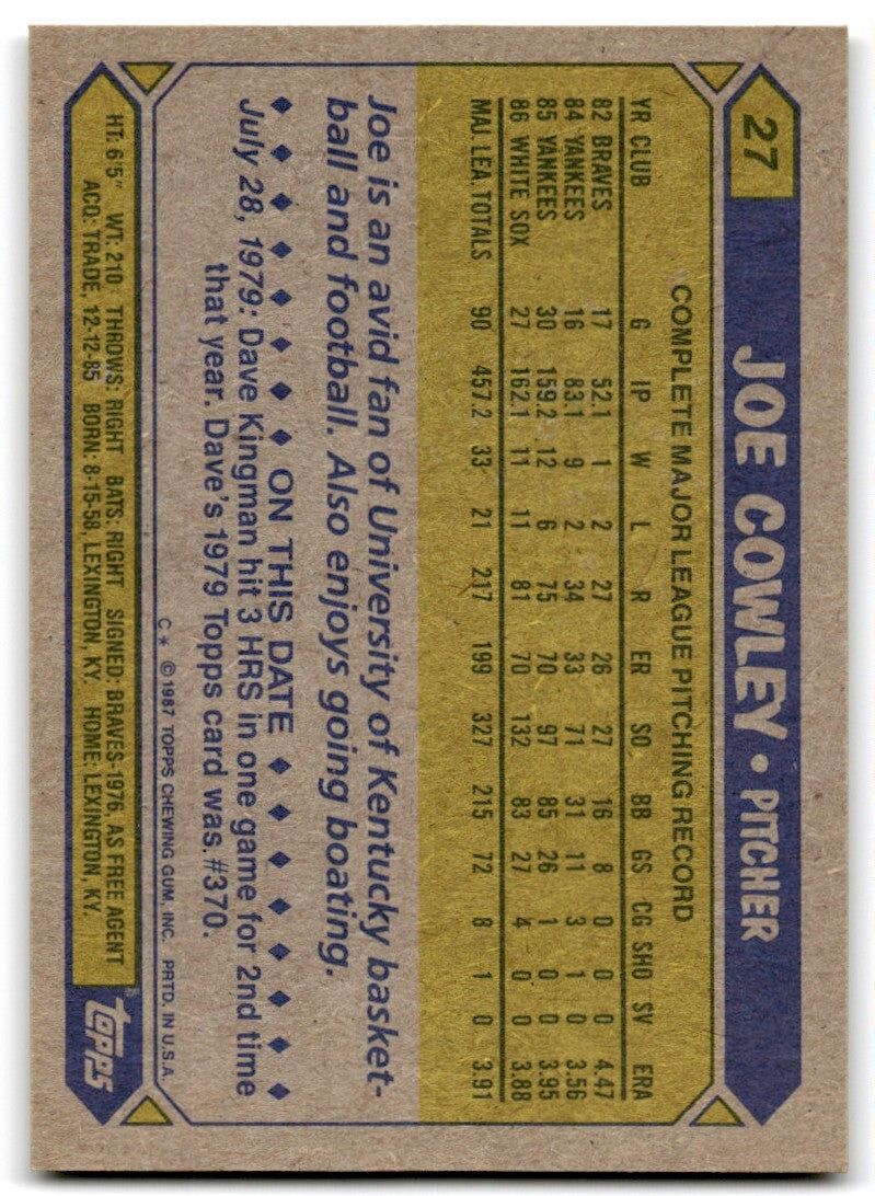 1987 Topps Baseball Card Joe Cowley Chicago White Sox #27