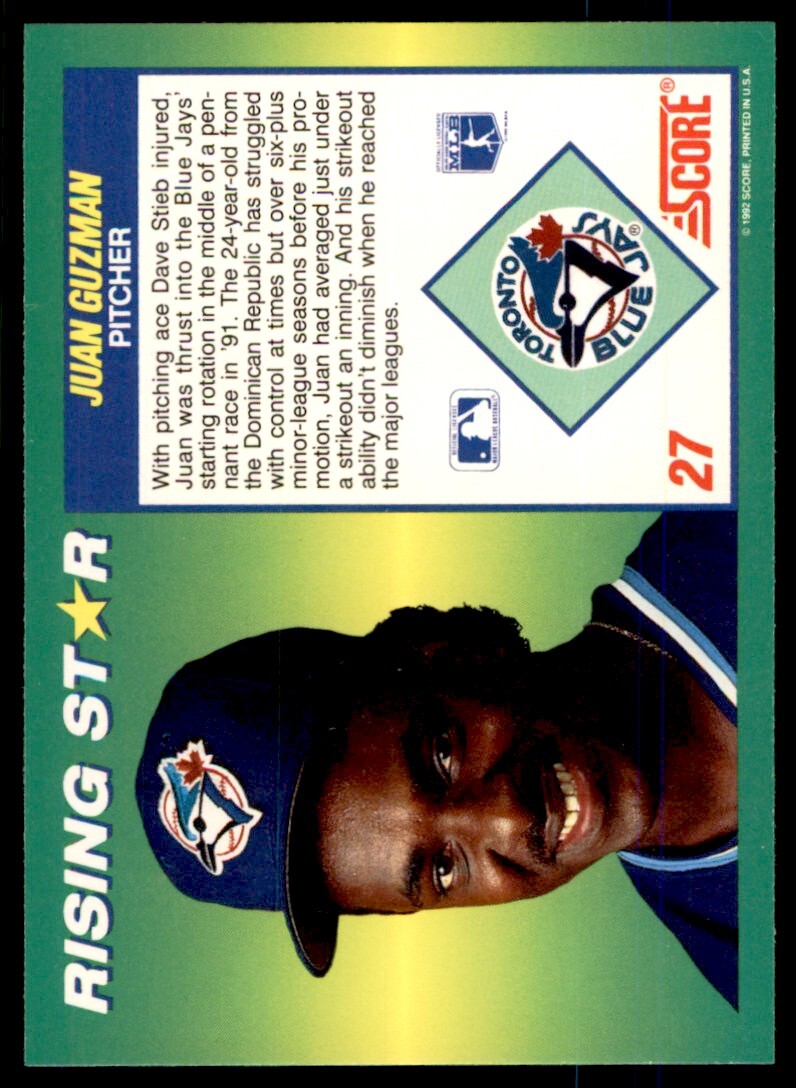 1992 Score 100 Rising Stars Juan Guzman . Toronto Blue Jays #27