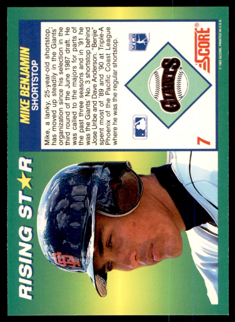 1992 Score 100 Rising Stars Mike Benjamin . San Francisco Giants #7