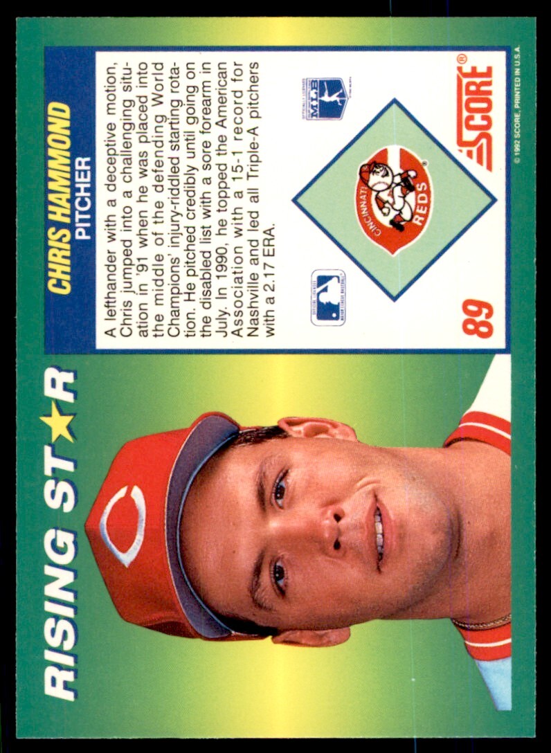 1992 Score 100 Rising Stars Chris Hammond . Cincinnati Reds #89