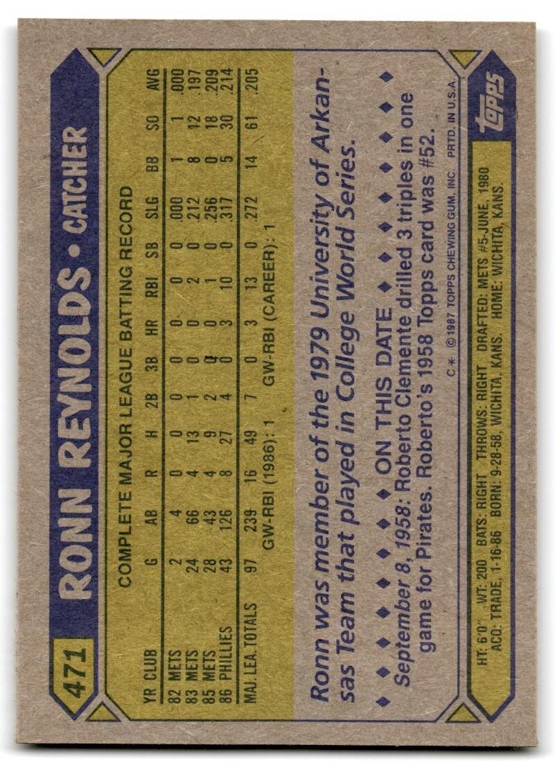 1987 Topps Baseball Cards Ronn Reynolds Philadelphia Phillies #471