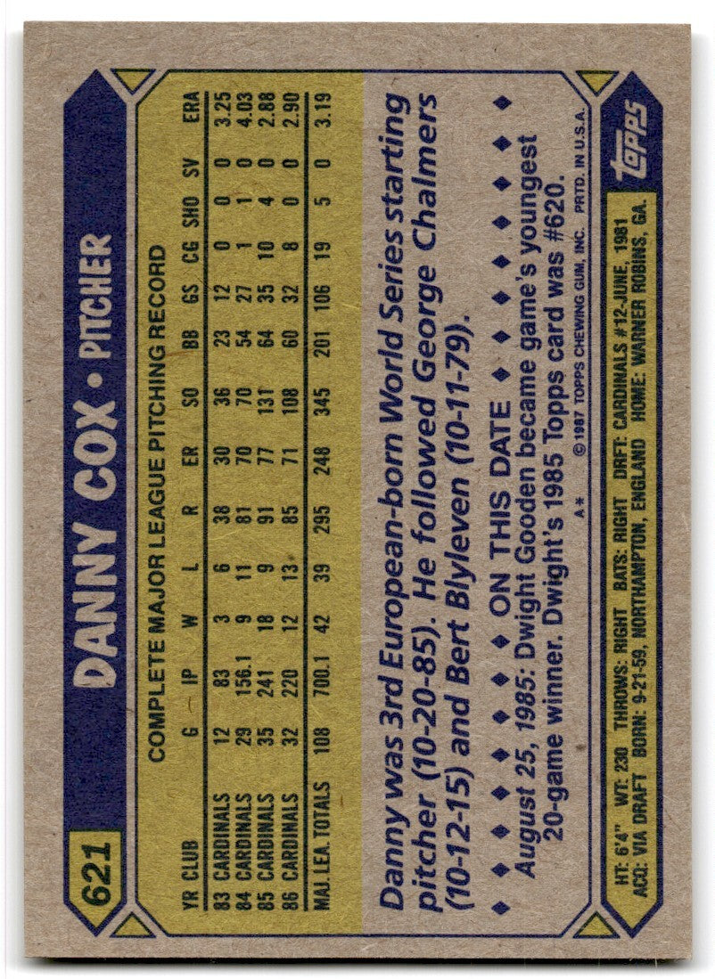 1987 Topps Baseball Cards Danny Cox St. Louis Cardinals #621