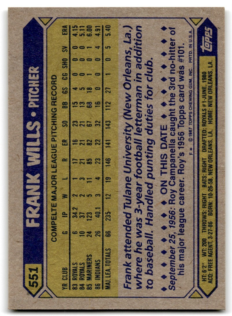 1987 Topps Baseball Cards Frank Wills Cleveland Indians #551