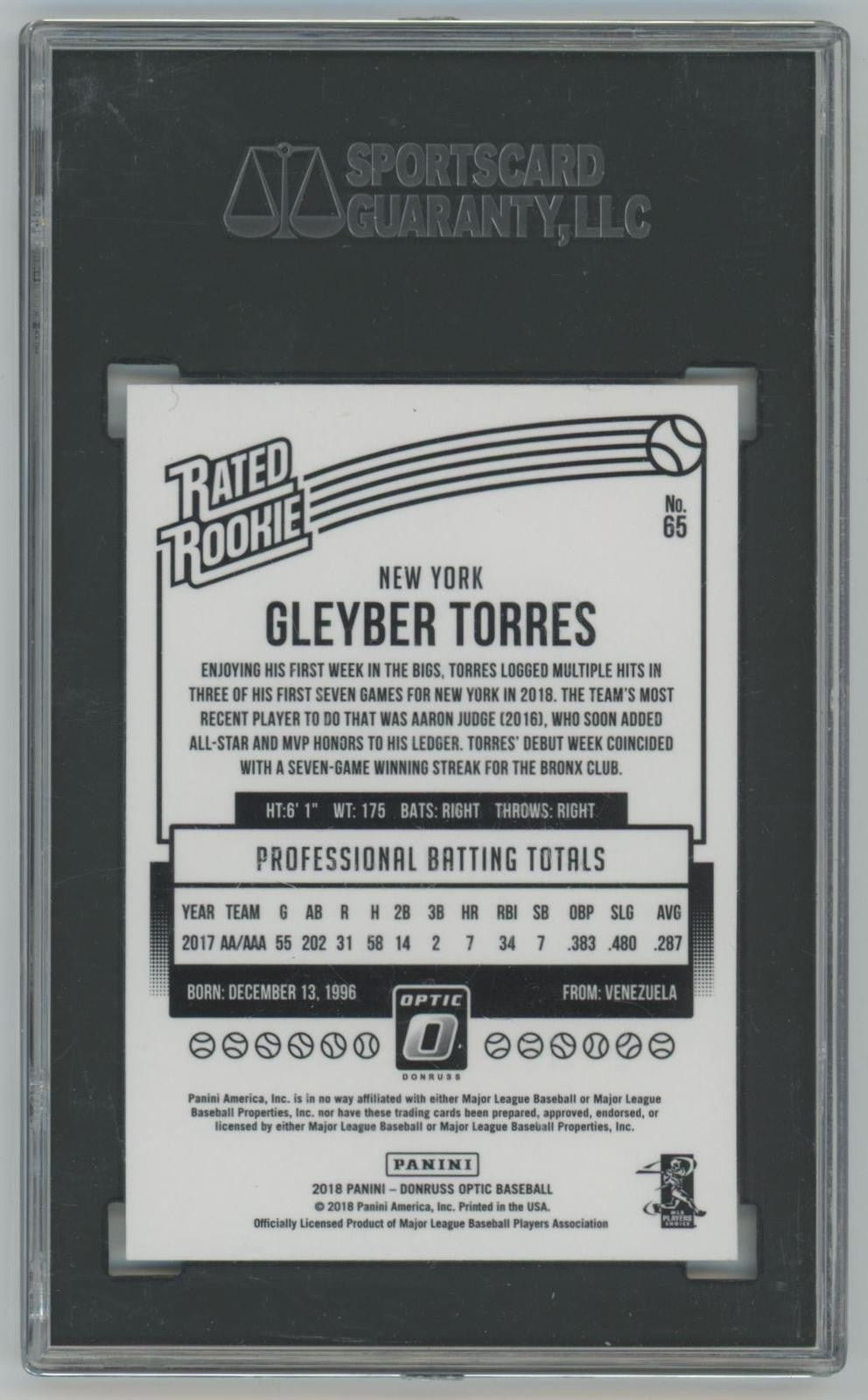 2018 Donruss Optic Gleyber Torres Rookie SGC 8.5 New York Yankees #65