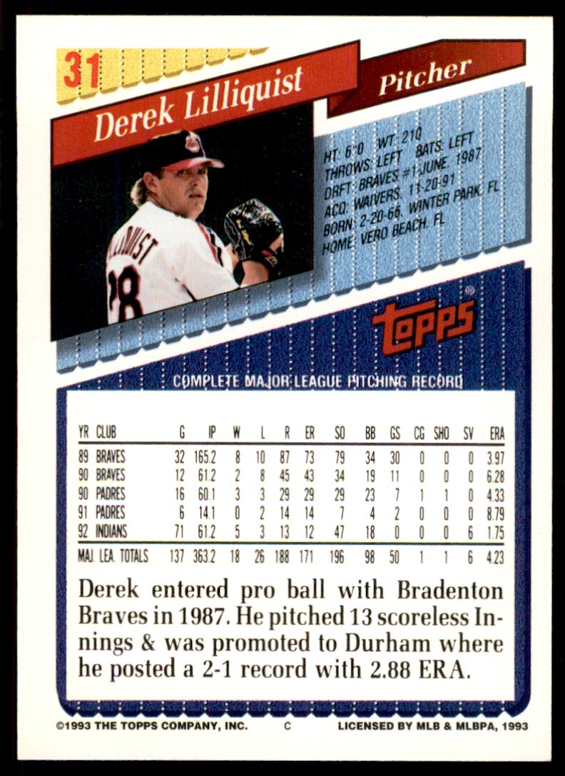 1993 Topps Gold Derek Lilliquist . Cleveland Indians #31