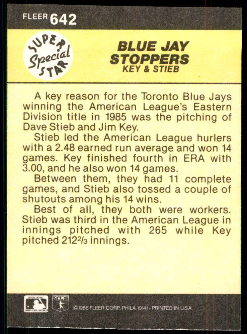 1986 Fleer Jimmy Key/Dave Stieb . Toronto Blue Jays #642