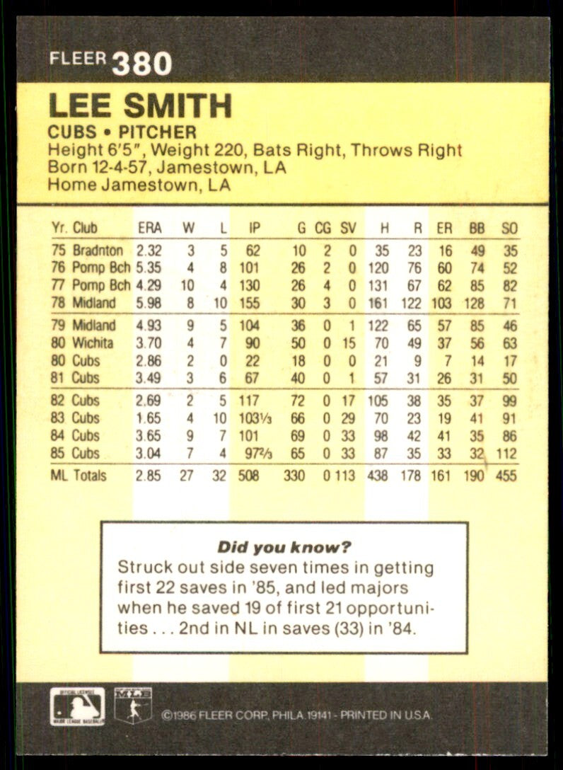 1986 Fleer. Lee Smith . Chicago Cubs #380