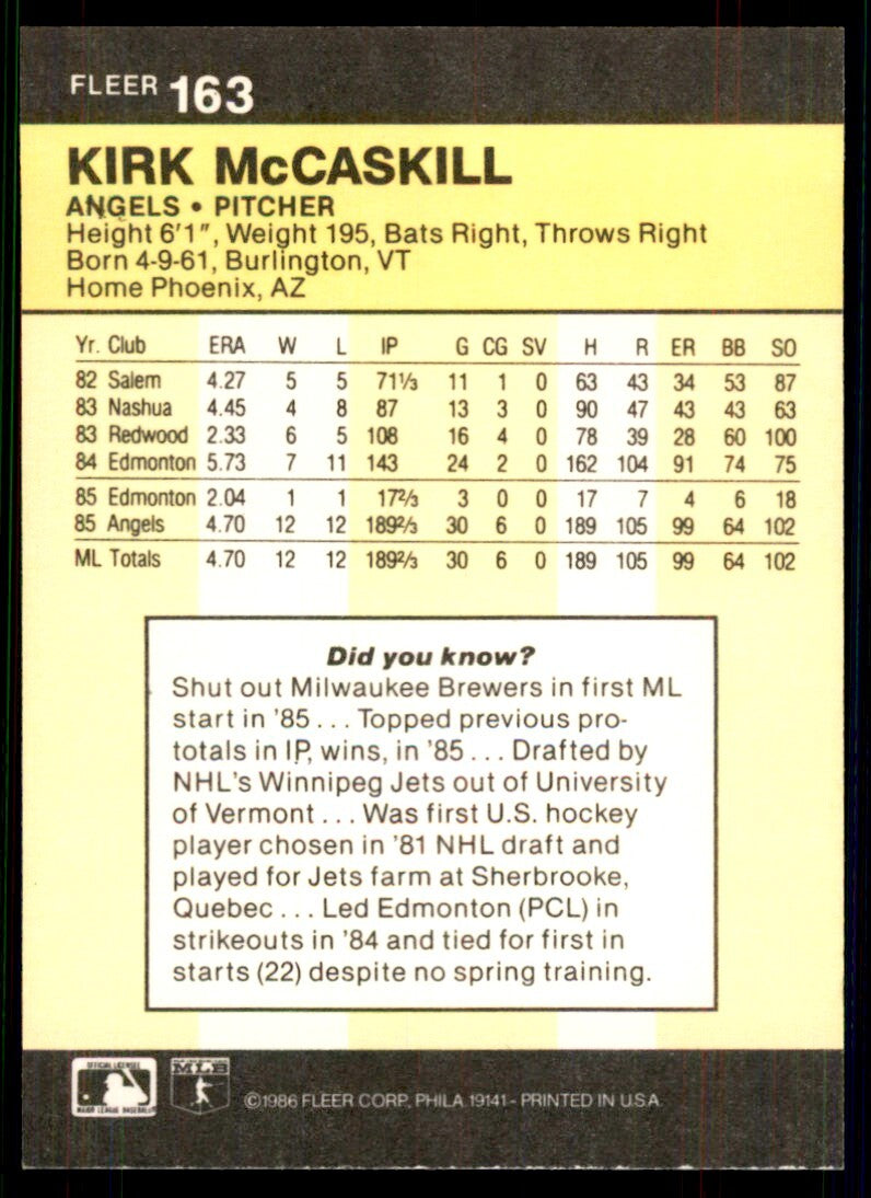 1986 Fleer. Kirk McCaskill. . California Angels #163
