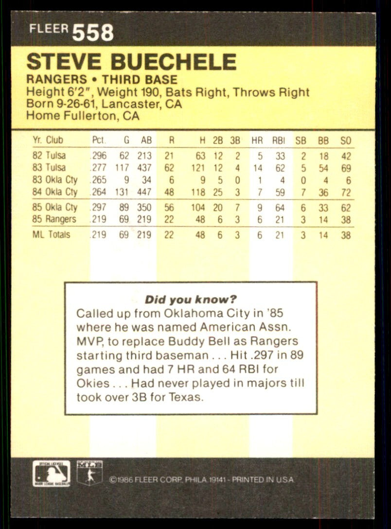 1986 Fleer Steve Buechele. . Texas Rangers #558
